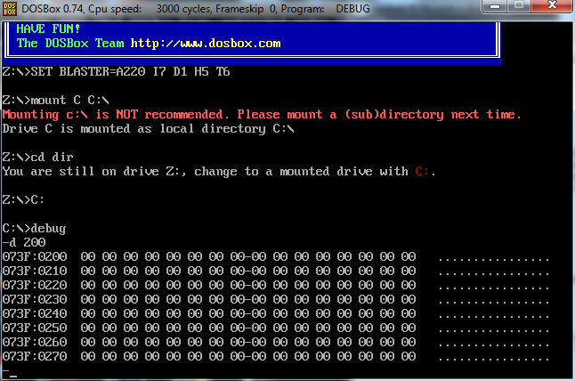Выполнение debug.exe в Dosbox